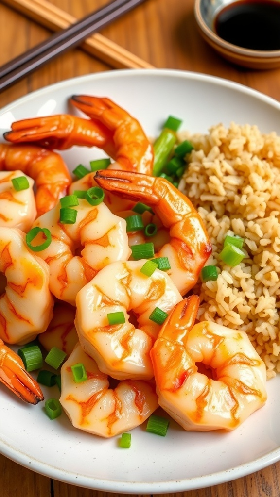 Air fryer shrimp hibachi with fried rice and vegetables, garnished with green onions on a wooden table.